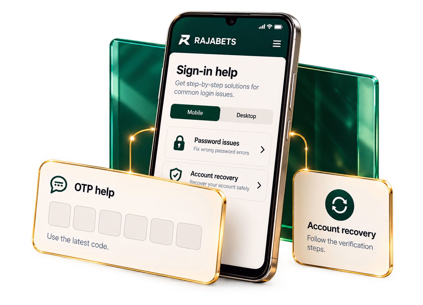 Rajabets sign-in and OTP troubleshooting artwork showing mobile verification screens